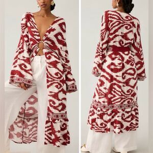 NWT Anthropologie Women's Red Printed Front Ring Kaftan Cover Up Kimono Size M/L